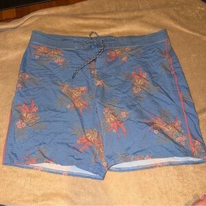 burnside Blue Swim Trunks with Red Floral Print